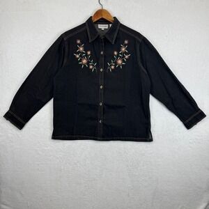 CD Petites Black Denim Embroidered Floral Button Up Shirt Women's Size Medium